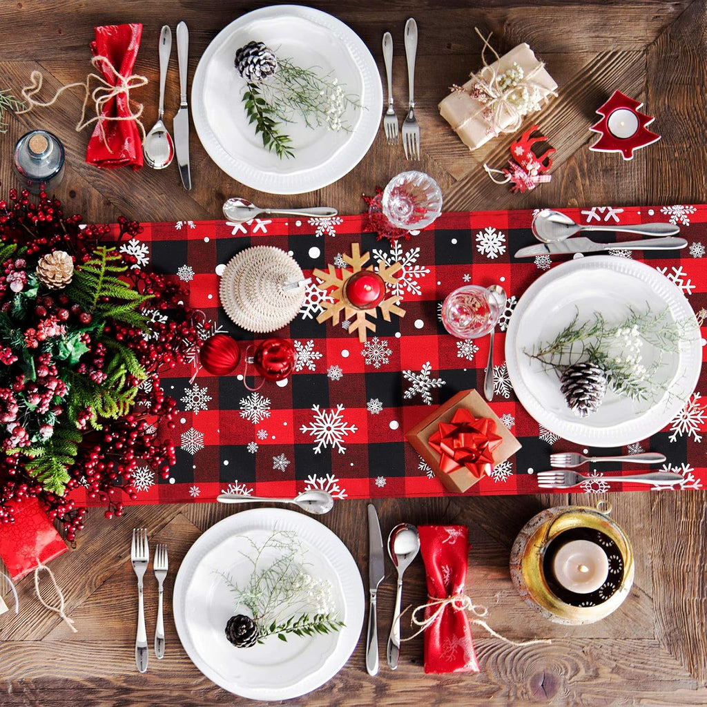 2 Pack Christmas Cotton Buffalo Plaid Snowflake Table Runner Checkered Table Runner 2 Styles for Indoor Outdoor Events 13 X 72 Inches Red and Black