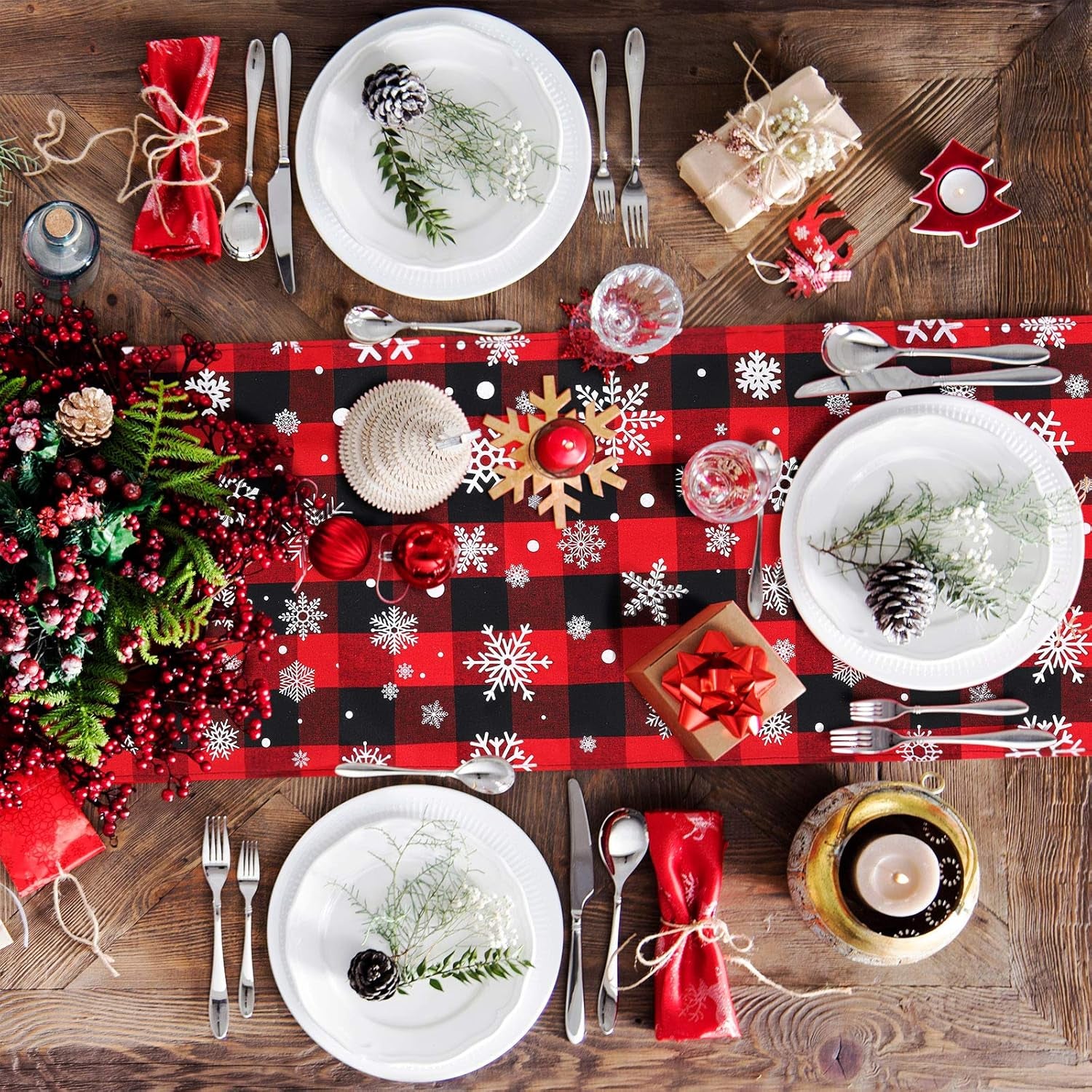 2 Pack Christmas Cotton Buffalo Plaid Snowflake Table Runner Checkered Table Runner 2 Styles for Indoor Outdoor Events 13 X 72 Inches Red and Black